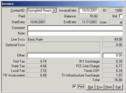 MS Access Invoice Form for Phone or Pager Service McKinney Frisco Allen Texas