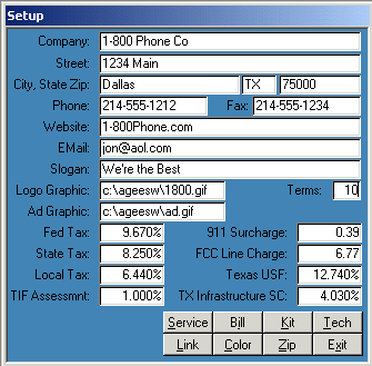 Microsoft Access Setup Form for pager or phone service sales in Dallas Collin TX
