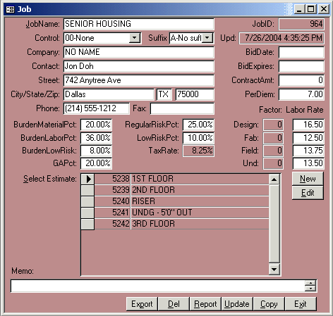 Edit job parameters and select estimates for the job