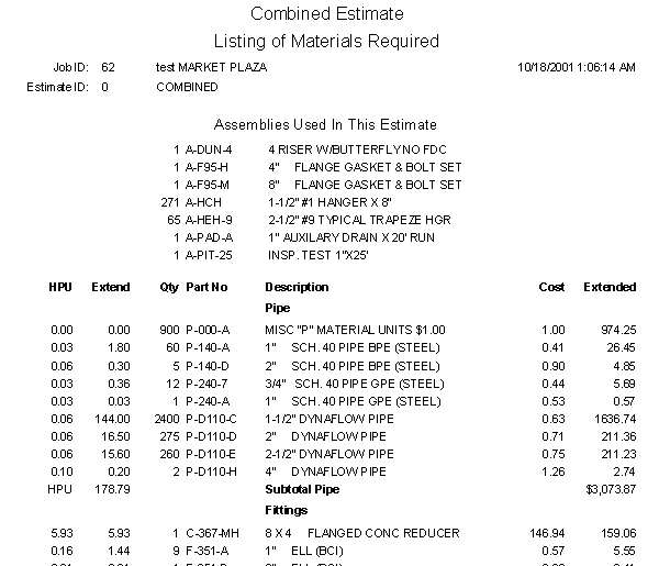 MS Access materials report for construction estimating program