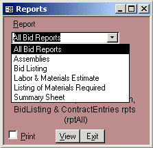 MS Access report menu for construction estimating program