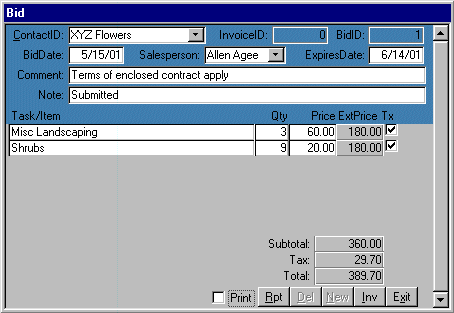 Microsoft Access Job Form for lawn landscaping pest sales in Dallas Collin TX
