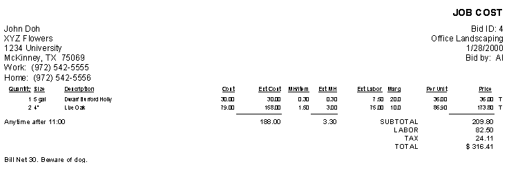 Microsoft Access Job Cost Report for lawn landscaping pest sales in Dallas Plano TX