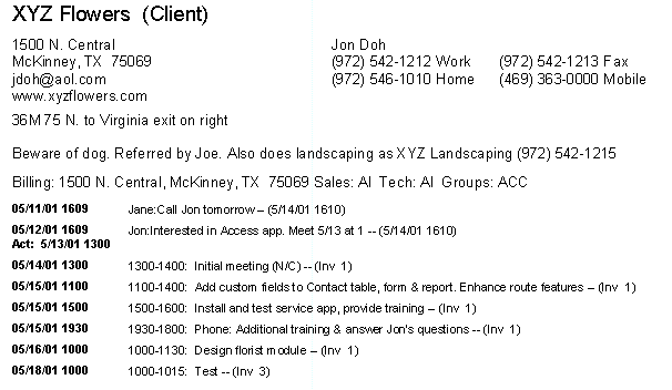 Microsoft Access customer contact form for lawn landscape pest sales
